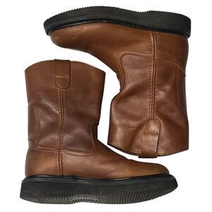 Mens Brown Leather Pull On Work Boots Thick Sole Western Style Size 7.5